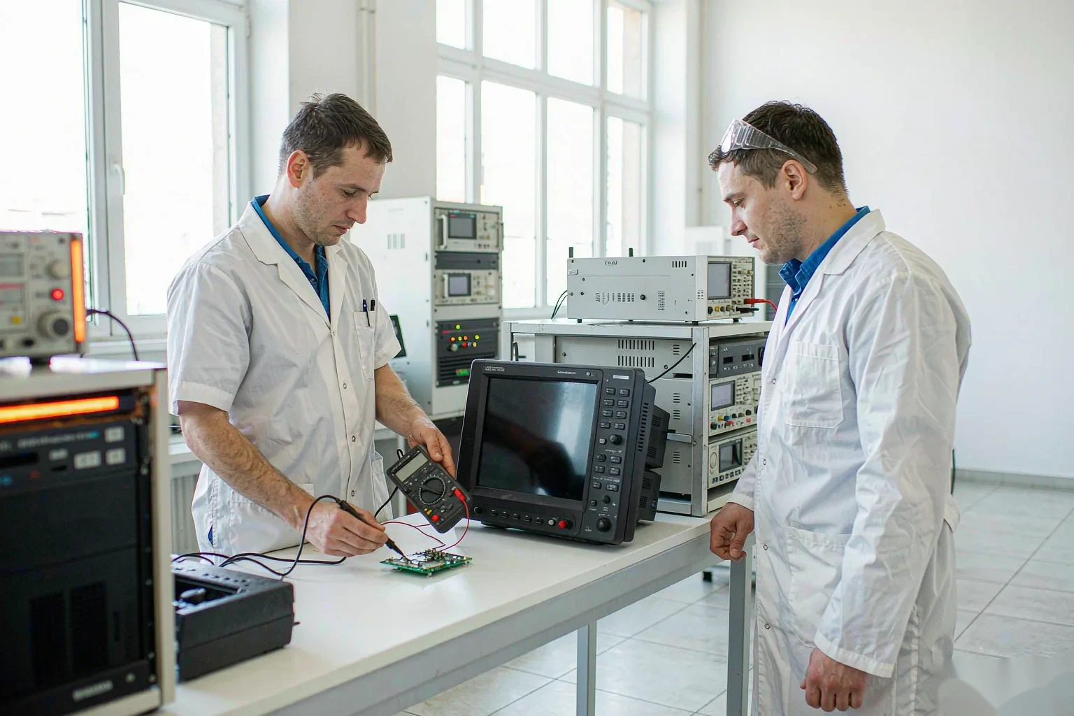 Engineers testing medical electronics in the R&D laboratory