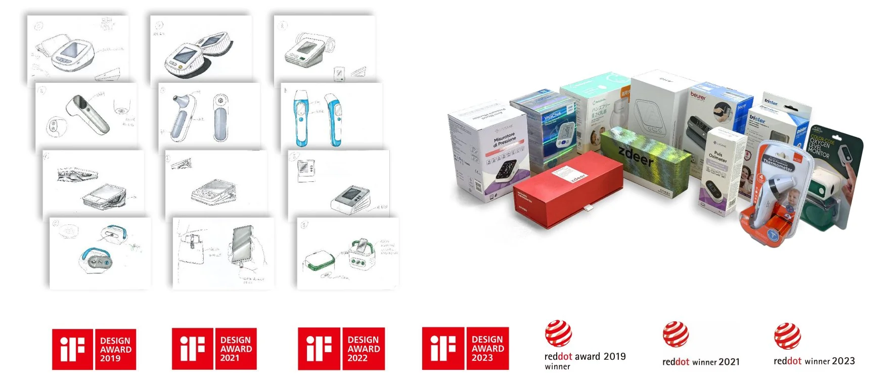 Industrial and packaging design work: concept sketches, packaging design, and iF & Red Dot design awards