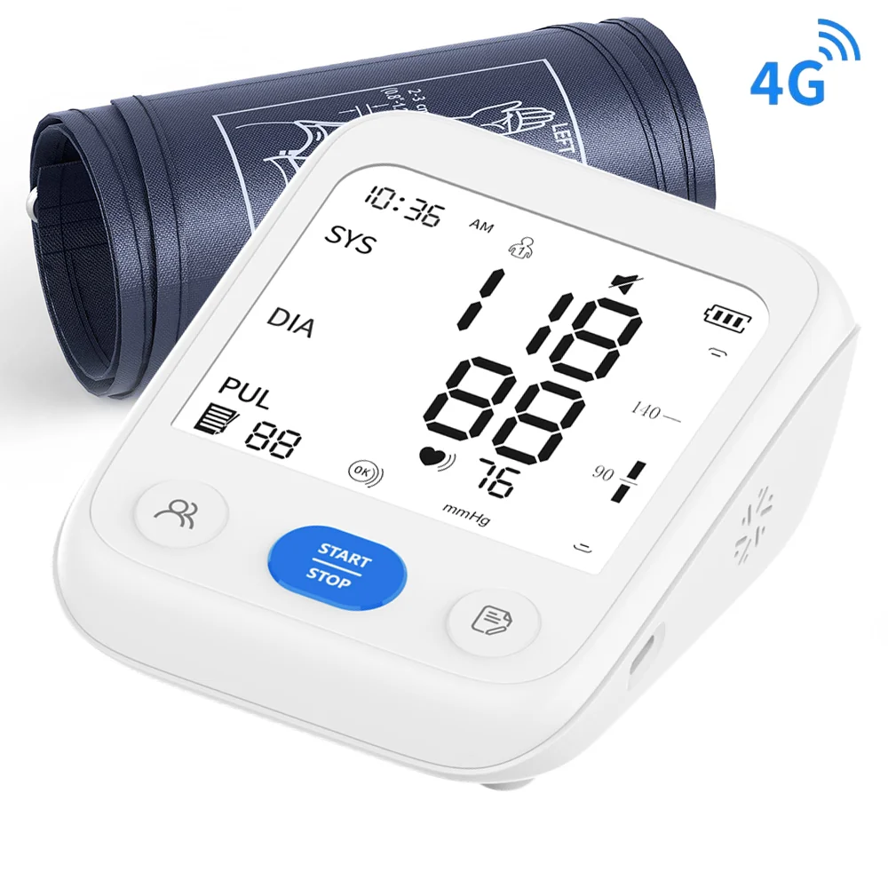 Upper-arm blood pressure monitor with 4G connectivity and fabric cuff