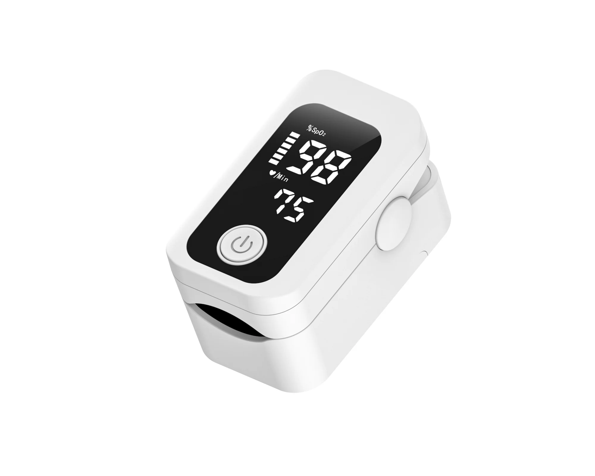 White fingertip pulse oximeter showing SpO2 and pulse rate