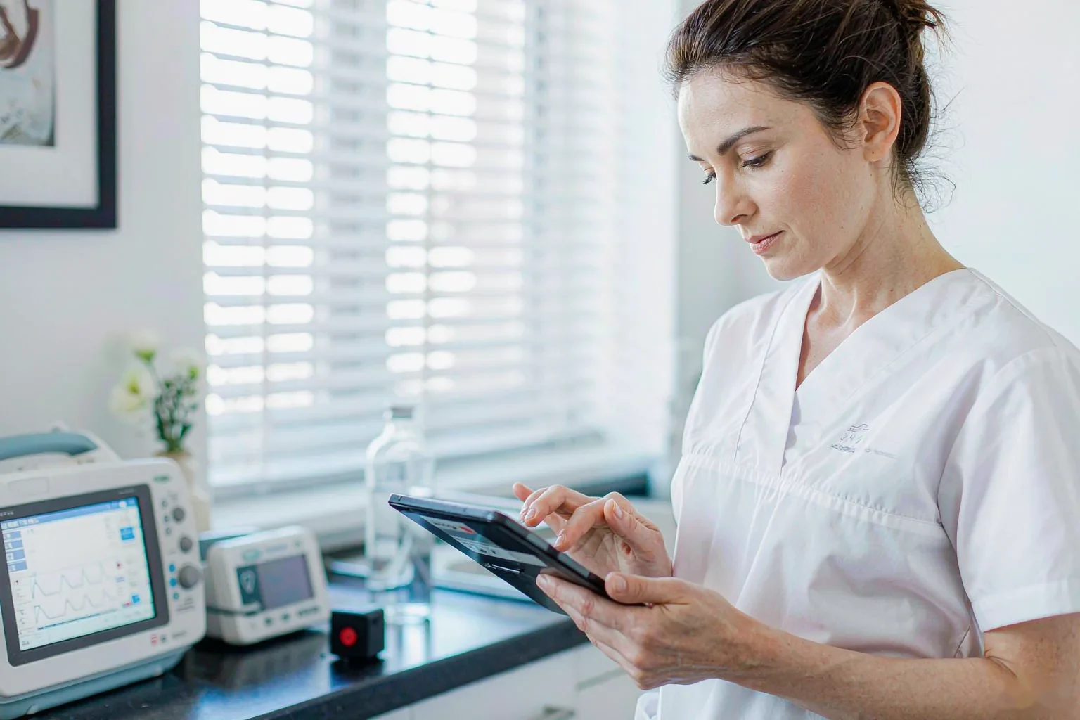Clinician reviewing vital-sign data on a tablet