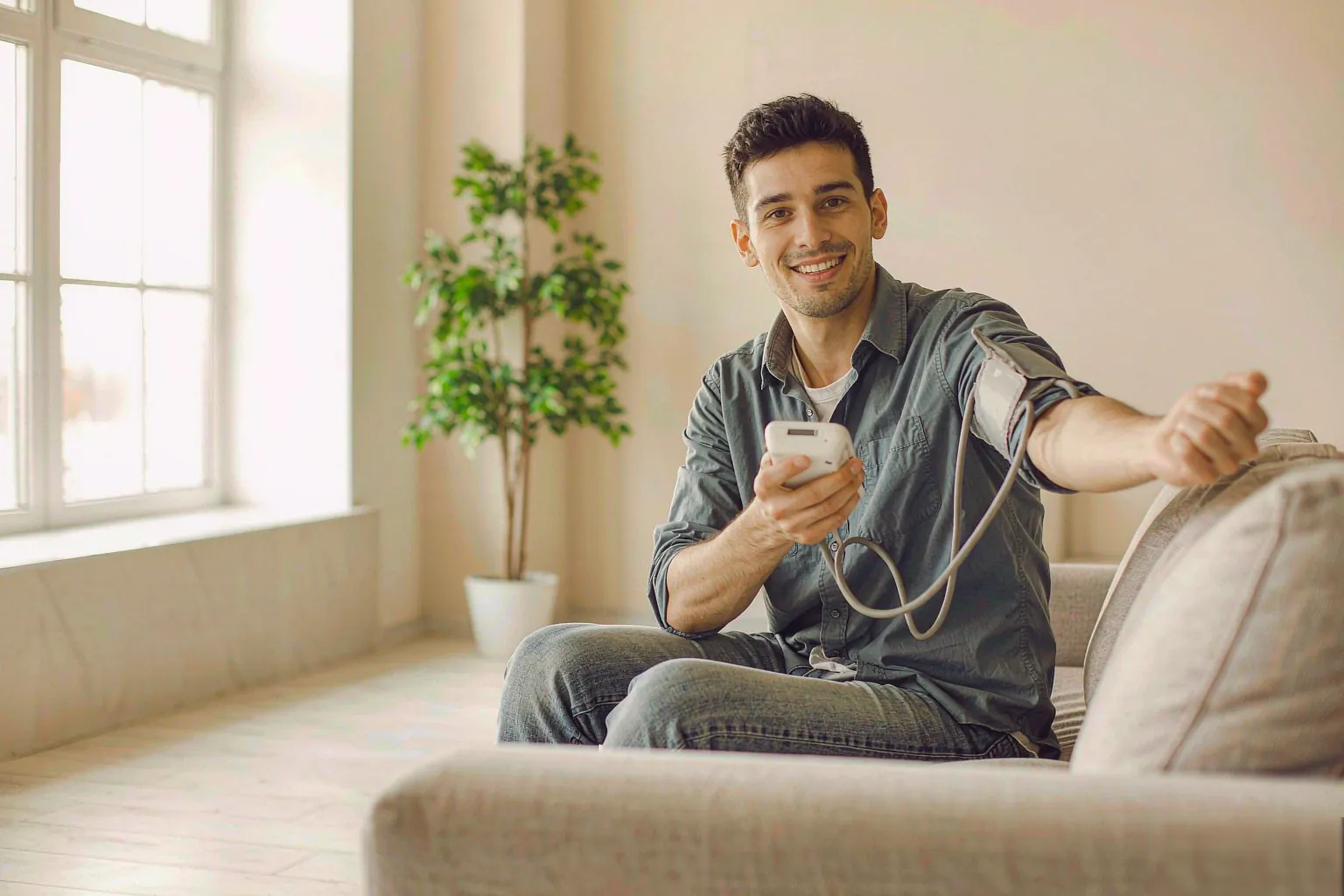 Young man measuring blood pressure at home with an upper-arm monitor
