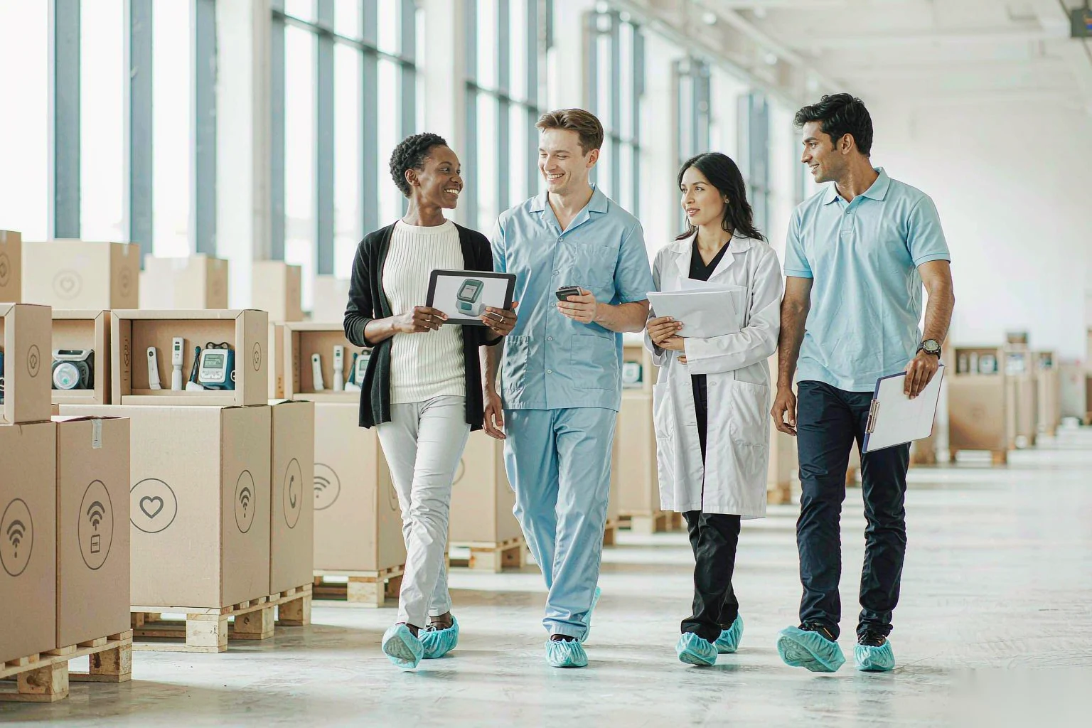 Cross-functional AOJ team — design, quality and logistics — walking through the facility past packed devices ready for shipment