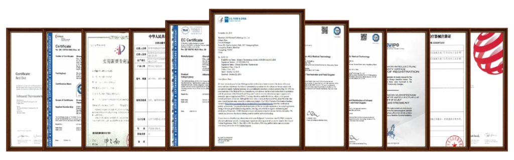 Wall of AOJ certifications — ISO 13485, FDA, CE, MDSAP and more
