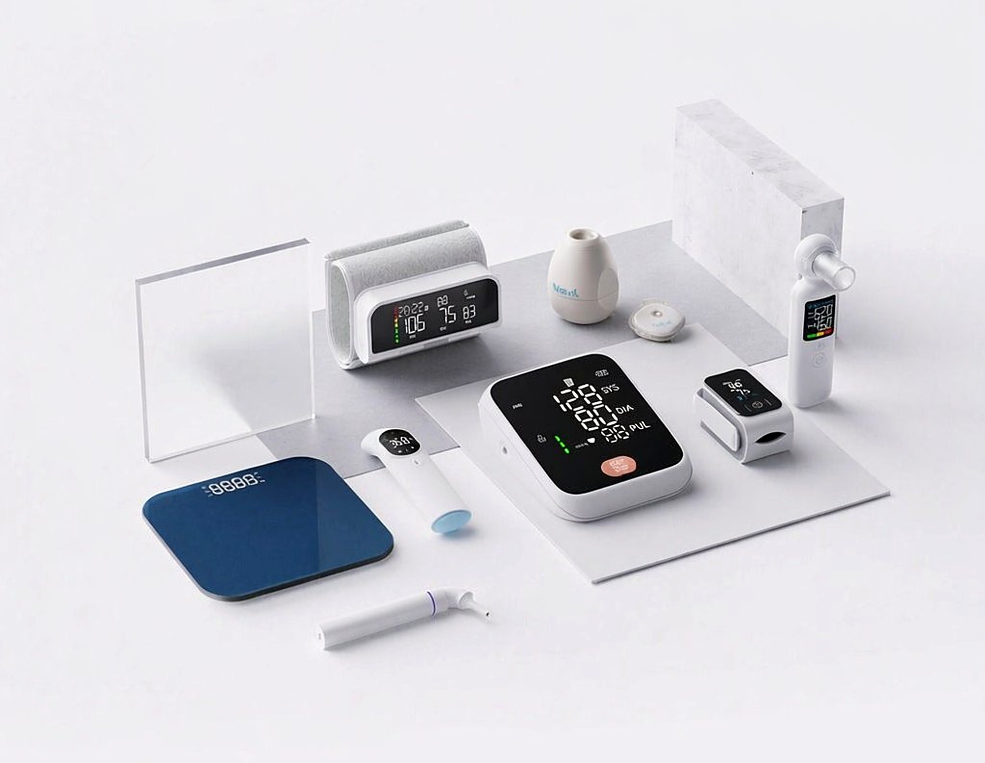 AOJ product family — blood pressure monitors, oximeters, thermometers, breast pumps and nebulizers