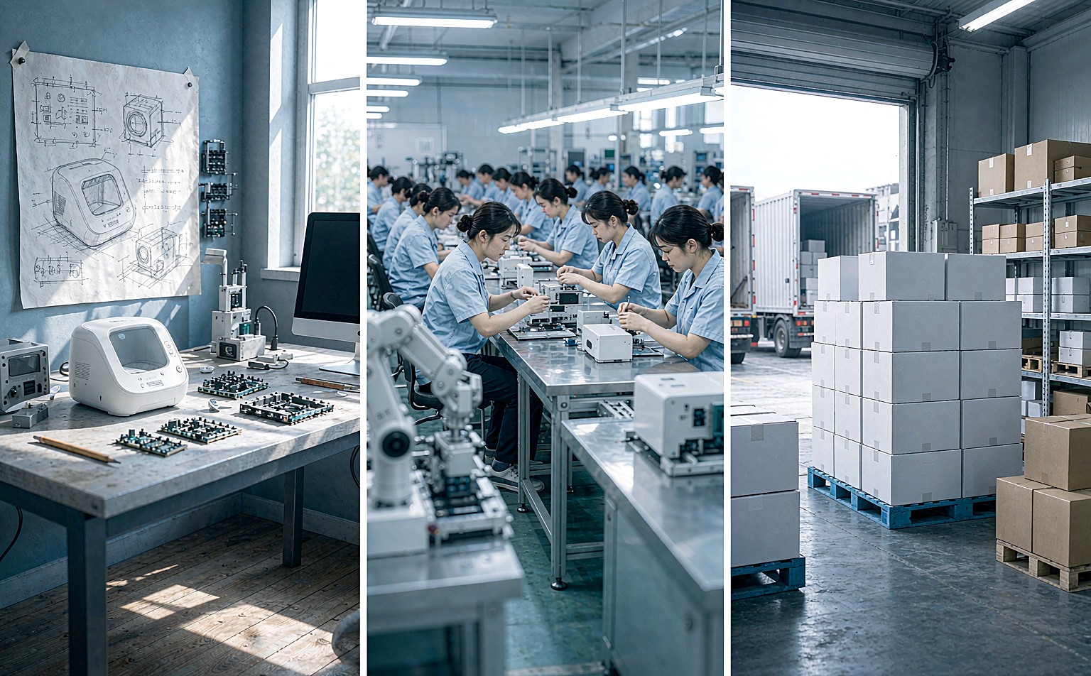 From idea to production to shipping: design sketches, the assembly line and export cartons at AOJ