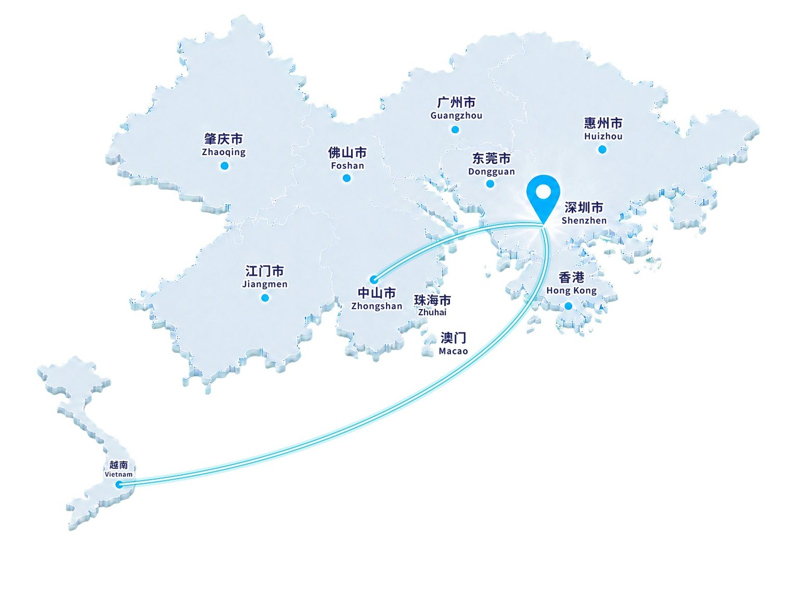 Schematic map of AOJ's three manufacturing bases: Shenzhen, Zhongshan and Bắc Giang, Vietnam